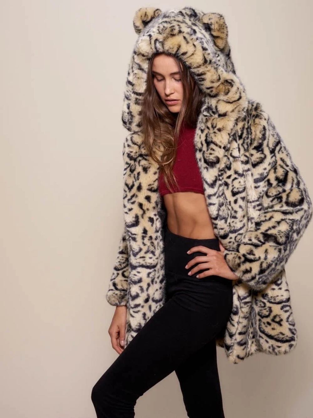 SpiritHoods Classic Luxe Ocelot Faux Fur Coat Teddy Jacket with Hood Ears